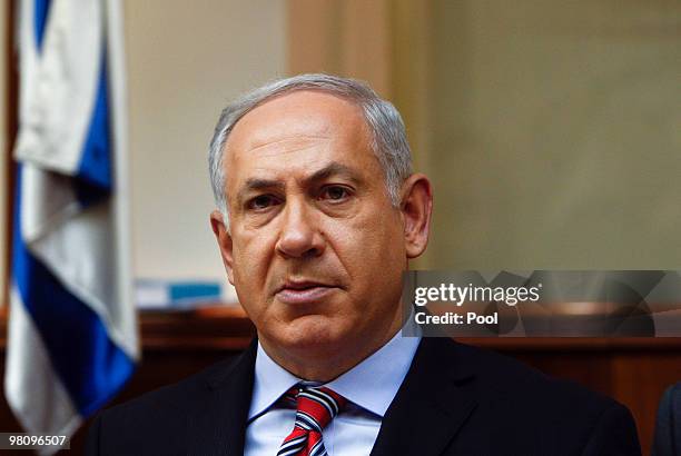 Israel's Prime Minister Benjamin Netanyahu attends the weekly cabinet meeting in his office March 28, 2010 in Jerusalem. Netanyahu spoke of the...