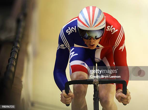 Ed Clancy of Great Britain in action in the Men's Omnium Sprint 200m Time Trial during day five of the UCI Track Cycling World Championships at the...