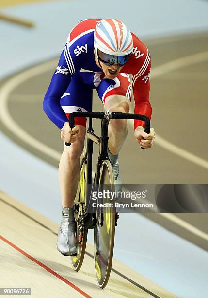 Ed Clancy of Great Britain in action in the Men's Omnium Sprint 200m Time Trial during day five of the UCI Track Cycling World Championships at the...
