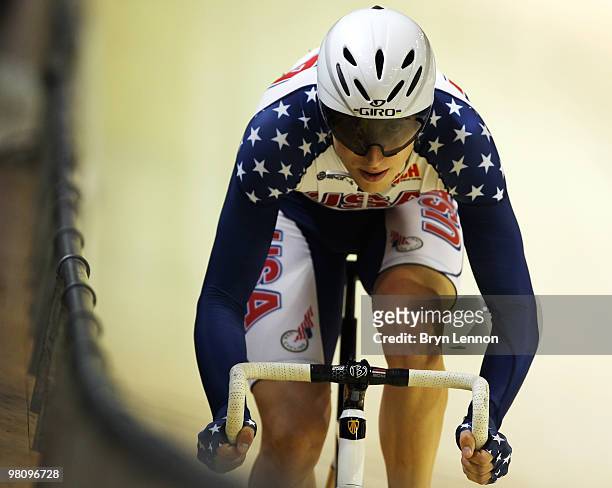 Taylor Phinney of the USA in action in the Men's Omnium Sprint 200m Time Trial during day five of the UCI Track Cycling World Championships at the...
