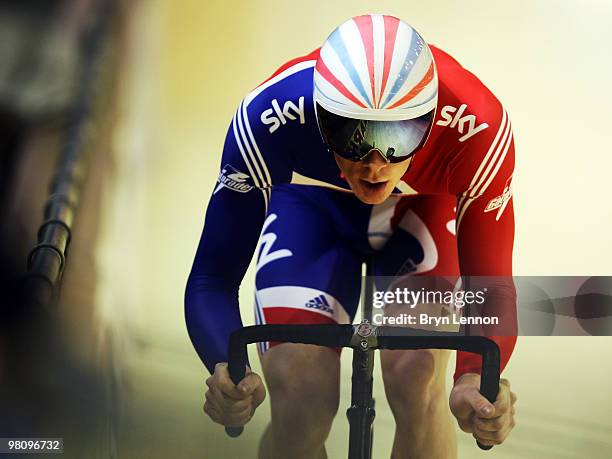 Ed Clancy of Great Britain in action in the Men's Omnium Sprint 200m Time Trial during day five of the UCI Track Cycling World Championships at the...