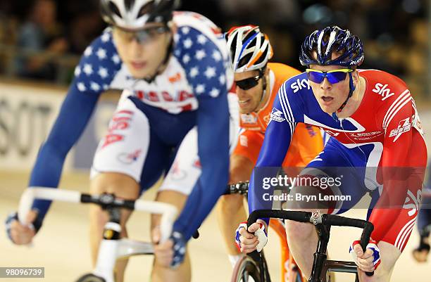Ed Clancy of Great Britain in action in the Men's Omnium Scratch race during day five of the UCI Track Cycling World Championships at the Ballerup...