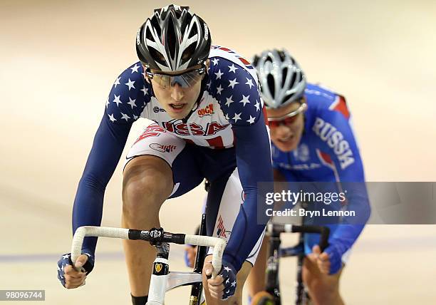 Taylor Phinney of the USA in action in the Men's Omnium Scratch racel during day five of the UCI Track Cycling World Championships at the Ballerup...