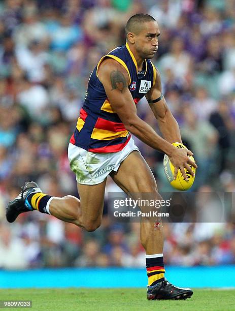 Andrew McLeod of the Crows looks for a pass during the round one AFL match between the Fremantle Dockers and the Adelaide Crows at Subiaco Oval on...