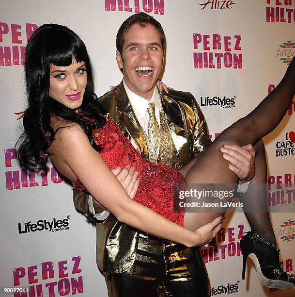 Katy Perry and Perez Hilton attend Perez Hilton's "Carn-Evil" Theatrical Freak and Funk 32nd birthday party at Paramount Studios on March 27, 2010 in...