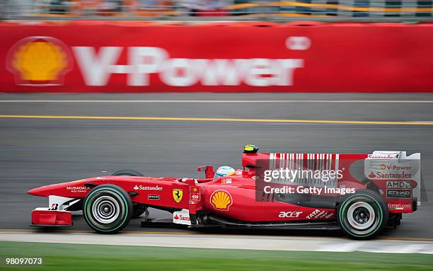 Fernando Alonso of Spain and Ferrari drives during the Australian Formula One Grand Prix at the Albert Park Circuit on March 28, 2010 in Melbourne,...