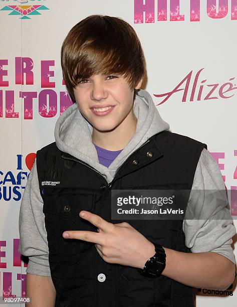 Singer Justin Bieber attends Perez Hilton's "Carn-Evil" Theatrical Freak and Funk 32nd birthday party at Paramount Studios on March 27, 2010 in Los...