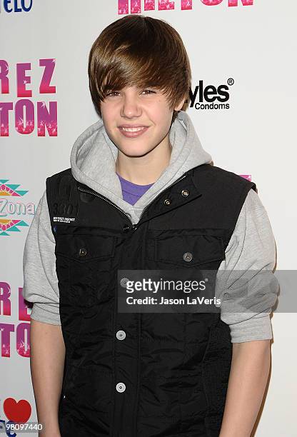 Singer Justin Bieber attends Perez Hilton's "Carn-Evil" Theatrical Freak and Funk 32nd birthday party at Paramount Studios on March 27, 2010 in Los...