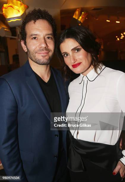 Aaron Lohr and wife Idina Menzel pose at The Opening Night After Party for The Roundabout Theatre Company's new play "Skintight" at Naples 45...