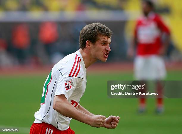 Oleksandr Aliyev of FC Lokomotiv Mosco celebrates after scoring a goal during the Russian Football League Championship match between FC Spartak...