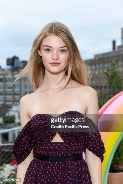 Willow Hand wearing dress by Self Portrait attends Mery Playa by Sofia Resing swimsuit launch at Spring Place Rooftop.