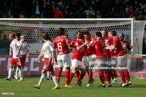 Players of FC Spartak Moscow celebrate after scoring a goal during the Russian Football League Championship match between FC Spartak Moscow and FC...