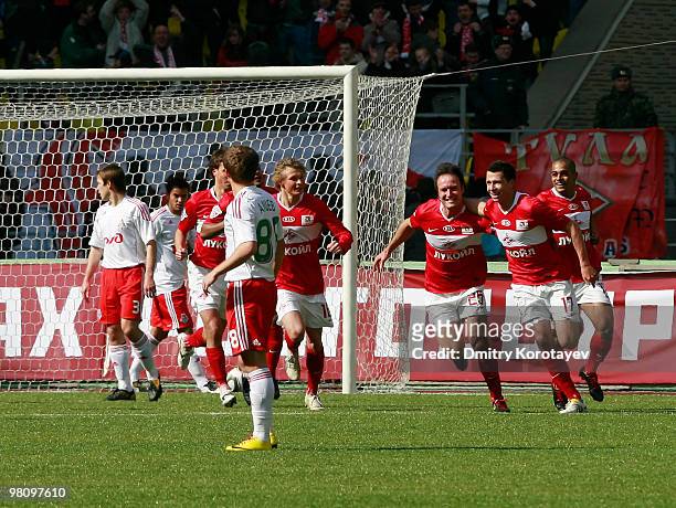 Marek Suchy and Martin Jiranek of FC Spartak Moscow celebrate after scoring a goal during the Russian Football League Championship match between FC...