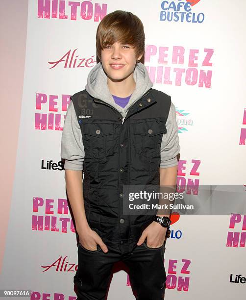 Singer Justin Bieber arrives at Perez Hilton's CARN-EVIL Theatrical Freak & Funk 32nd birthday party on March 27, 2010 in Los Angeles, California.