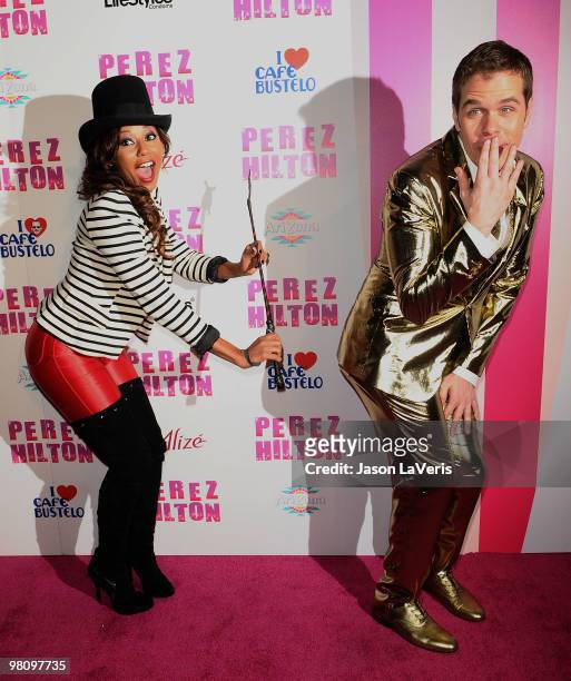 Melanie "Mel B" Brown and Perez Hilton attend Perez Hilton's "Carn-Evil" Theatrical Freak and Funk 32nd birthday party at Paramount Studios on March...