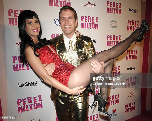 Katy Perry and Perez Hilton attend Perez Hilton's "Carn-Evil" Theatrical Freak and Funk 32nd birthday party at Paramount Studios on March 27, 2010 in...