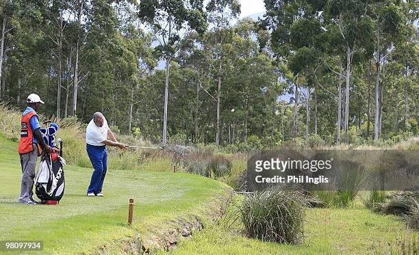 Sam Torrance of Scotland in action during the final round of the Berenberg Bank Masters played over the Links at Fancourt on March 28, 2010 in...