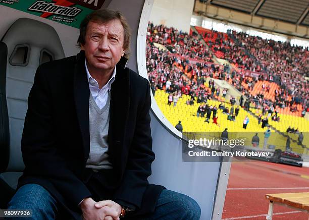 Head coach Yuri Syomin of FC Lokomotiv Moscow looks on during the Russian Football League Championship match between FC Spartak Moscow and FC...