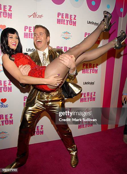 Singer Katy Perry and Perez Hilton arrive at Perez Hilton's CARN-EVIL Theatrical Freak & Funk 32nd birthday party on March 27, 2010 in Los Angeles,...