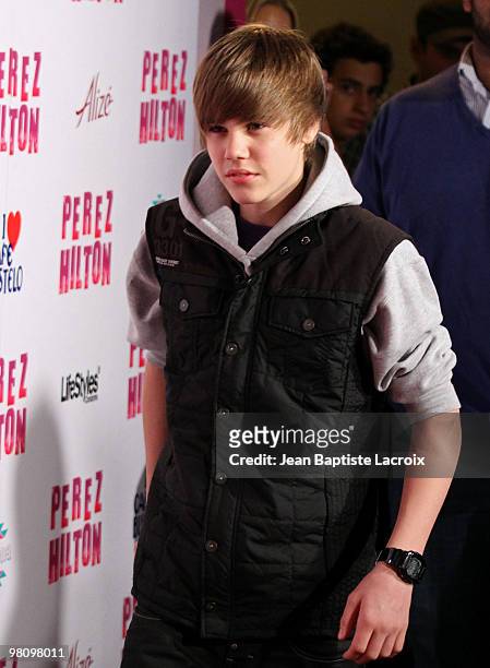 Justin Bieber attends Perez Hilton's "Carn-Evil" Theatrical Freak and Funk 32nd birthday party at Paramount Studios on March 27, 2010 in Los Angeles,...