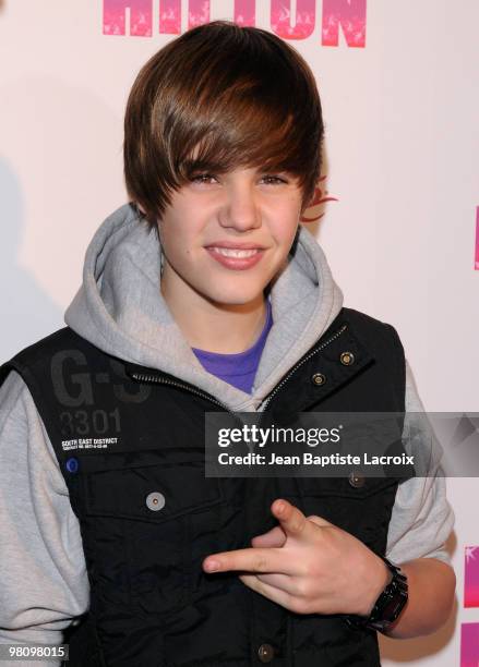 Justin Bieber attends Perez Hilton's "Carn-Evil" Theatrical Freak and Funk 32nd birthday party at Paramount Studios on March 27, 2010 in Los Angeles,...