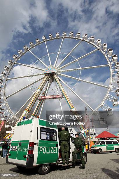 Police is seen around the stadium prior to the Second Bundesliga match between FC St. Pauli and Hansa Rostock at the Millerntor Stadium on March 28,...