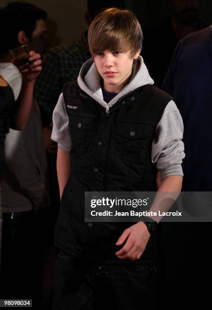 Justin Bieber attends Perez Hilton's "Carn-Evil" Theatrical Freak and Funk 32nd birthday party at Paramount Studios on March 27, 2010 in Los Angeles,...