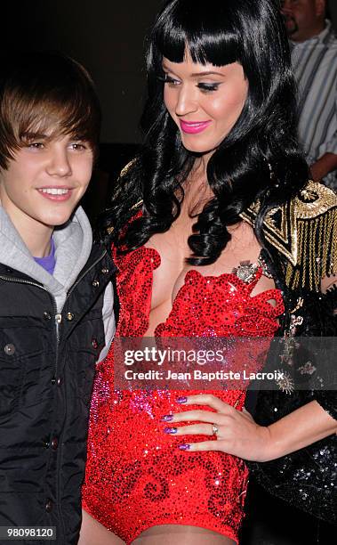 Katy Perry and Justin Bieber attend Perez Hilton's "Carn-Evil" Theatrical Freak and Funk 32nd birthday party at Paramount Studios on March 27, 2010...