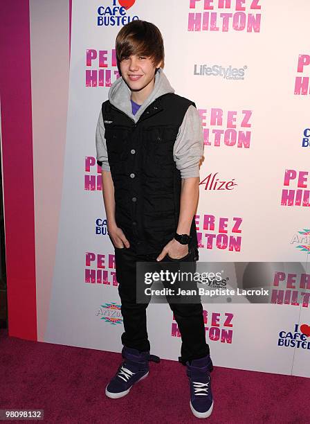 Justin Bieber attends Perez Hilton's "Carn-Evil" Theatrical Freak and Funk 32nd birthday party at Paramount Studios on March 27, 2010 in Los Angeles,...