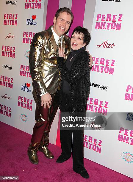 Perez Hilton and Liza Minnelli attend Perez Hilton's 'Carn-Evil' 32nd birthday party at Paramount Studios on March 27, 2010 in Los Angeles,...