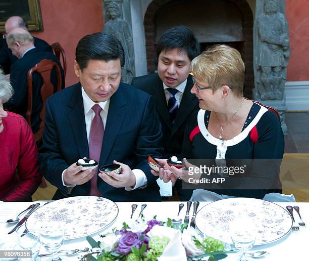 Vice president Xi Jinping of China and Swedish Minister for Enterprise and Energy Maud Olofsson examine decoration eggs on the table during the lunch...