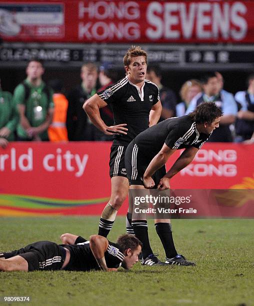 New Zealand players react after Samoa score a try during their final match on day three of the IRB Hong Kong Sevens on March 28, 2010 in Hong Kong.