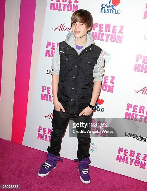 Singer Justin Bieber attends Perez Hilton's 'Carn-Evil' 32nd birthday party at Paramount Studios on March 27, 2010 in Los Angeles, California.