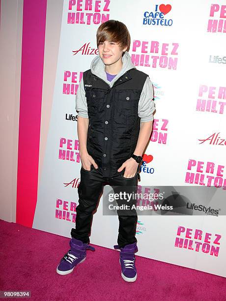 Singer Justin Bieber attends Perez Hilton's 'Carn-Evil' 32nd birthday party at Paramount Studios on March 27, 2010 in Los Angeles, California.