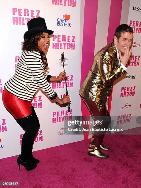 Melanie Brown aka Mel B and Perez Hilton attend Perez Hilton's "Carn-Evil" Theatrical Freak and Funk 32nd birthday party at Paramount Studios on...