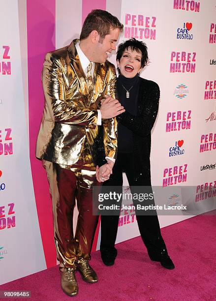 Perez Hilton and Liza Minnelli attend Perez Hilton's "Carn-Evil" Theatrical Freak and Funk 32nd birthday party at Paramount Studios on March 27, 2010...