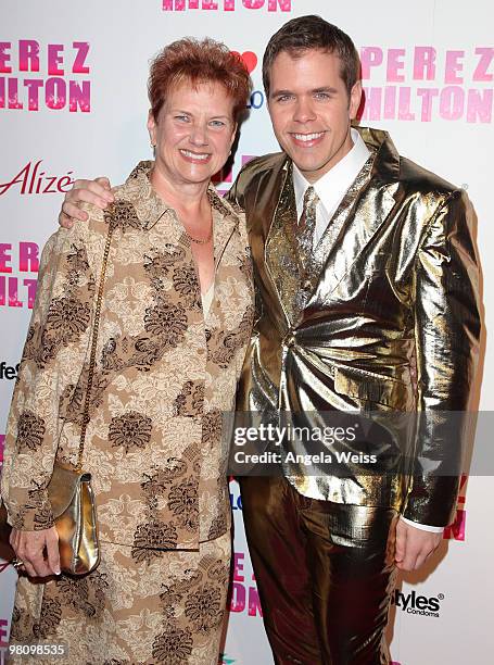 Perez Hilton together with his mother attends his 'Carn-Evil' 32nd birthday party at Paramount Studios on March 27, 2010 in Los Angeles, California.