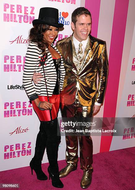 Melanie Brown aka Mel B and Perez Hilton attend Perez Hilton's "Carn-Evil" Theatrical Freak and Funk 32nd birthday party at Paramount Studios on...