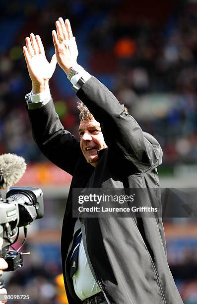 Sam Allardyce of Blackburn Rovers applauds the fans during the Barclays Premier League match between Burnley and Blackburn Rovers at Turf Moor on...