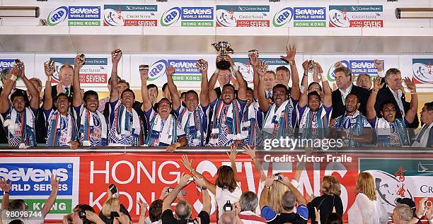 Samoa players celebrate with the trophy after beating New Zealand in the final match on day three of the IRB Hong Kong Sevens on March 28, 2010 in...