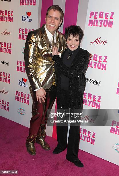 Perez Hilton and Liza Minnelli attend Perez Hilton's 'Carn-Evil' 32nd birthday party at Paramount Studios on March 27, 2010 in Los Angeles,...