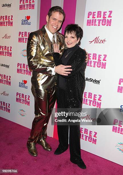 Perez Hilton and Liza Minnelli attend Perez Hilton's 'Carn-Evil' 32nd birthday party at Paramount Studios on March 27, 2010 in Los Angeles,...