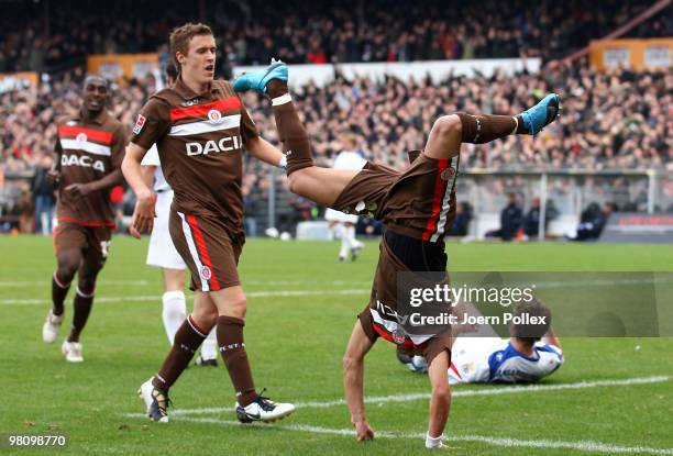 Deniz Naki of St. Pauli celebrates after scoring his team's second goal during the Second Bundesliga match between FC St. Pauli and Hansa Rostock at...