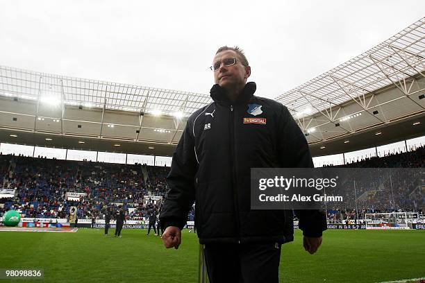 Head coach Ralf Rangnick of Hoffenheim is seen before the Bundesliga match between 1899 Hoffenheim and SC Freiburg at the Rhein-Neckar Arena on March...