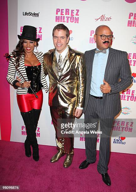 Singer Melanie 'Mel B.' Brown, Perez Hilton and Stephen Belafonte attend Perez Hilton's 'Carn-Evil' 32nd birthday party at Paramount Studios on March...
