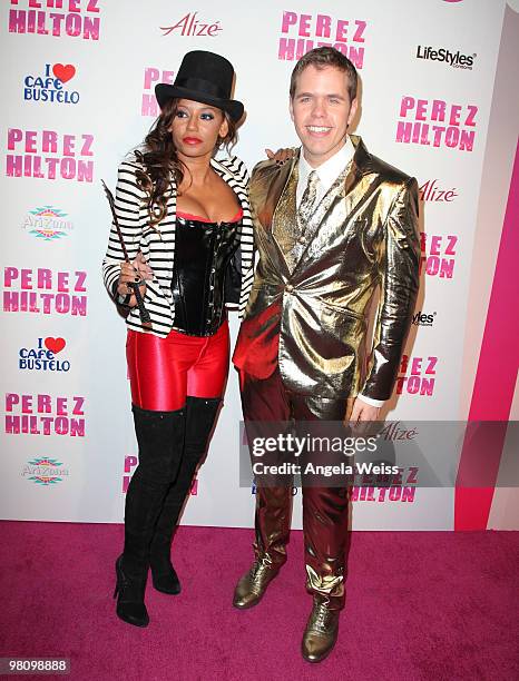 Singer Melanie 'Mel B.' Brown and Perez Hilton attend Perez Hilton's 'Carn-Evil' 32nd birthday party at Paramount Studios on March 27, 2010 in Los...