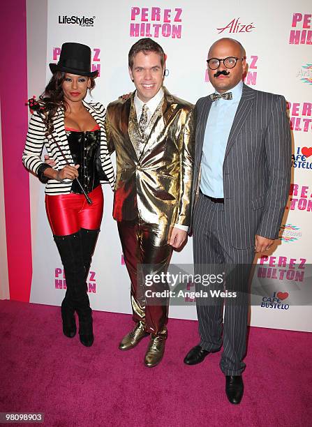 Singer Melanie 'Mel B.' Brown, Perez Hilton and Stephen Belafonte attend Perez Hilton's 'Carn-Evil' 32nd birthday party at Paramount Studios on March...