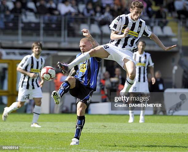 Juventus midfielder Claudio Marchisio fights for the ball with Atalanta's midfielder Diego De Ascentis during their Serie A Italian football match at...