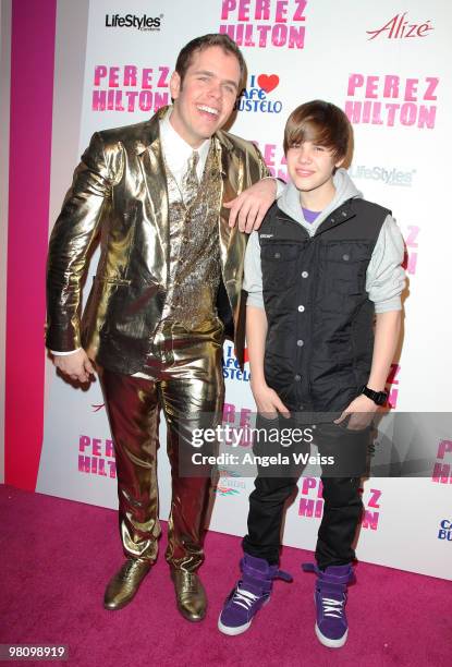 Perez Hilton and Justin Bieber attend Perez Hilton's 'Carn-Evil' 32nd birthday party at Paramount Studios on March 27, 2010 in Los Angeles,...