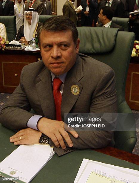 Jordan's King Abdullah II attends the closing session of the Arab League Summit in the Libyan coastal city of Sirte on March 28, 2010. Arab leaders...